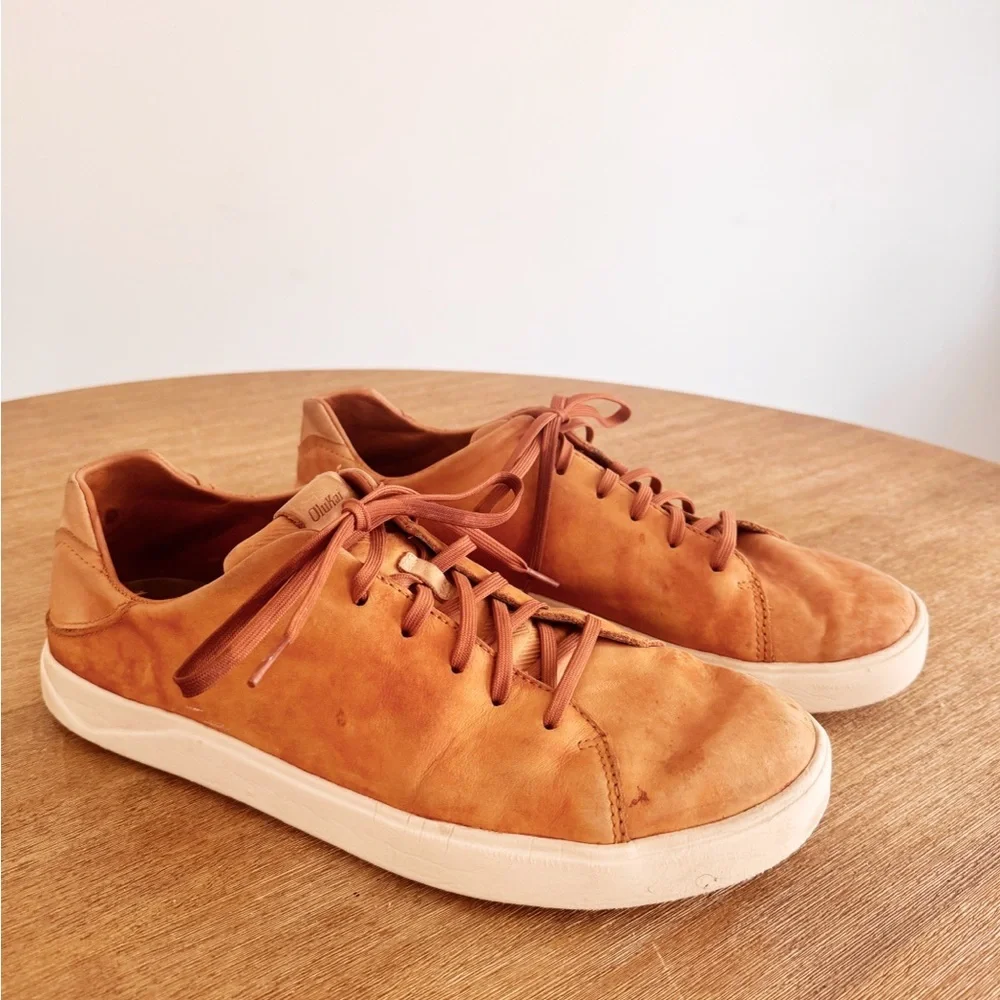 Olukai Lae'ahi Lī 'Ili Men's Low-Top Leather Sneakers in Tan size 12